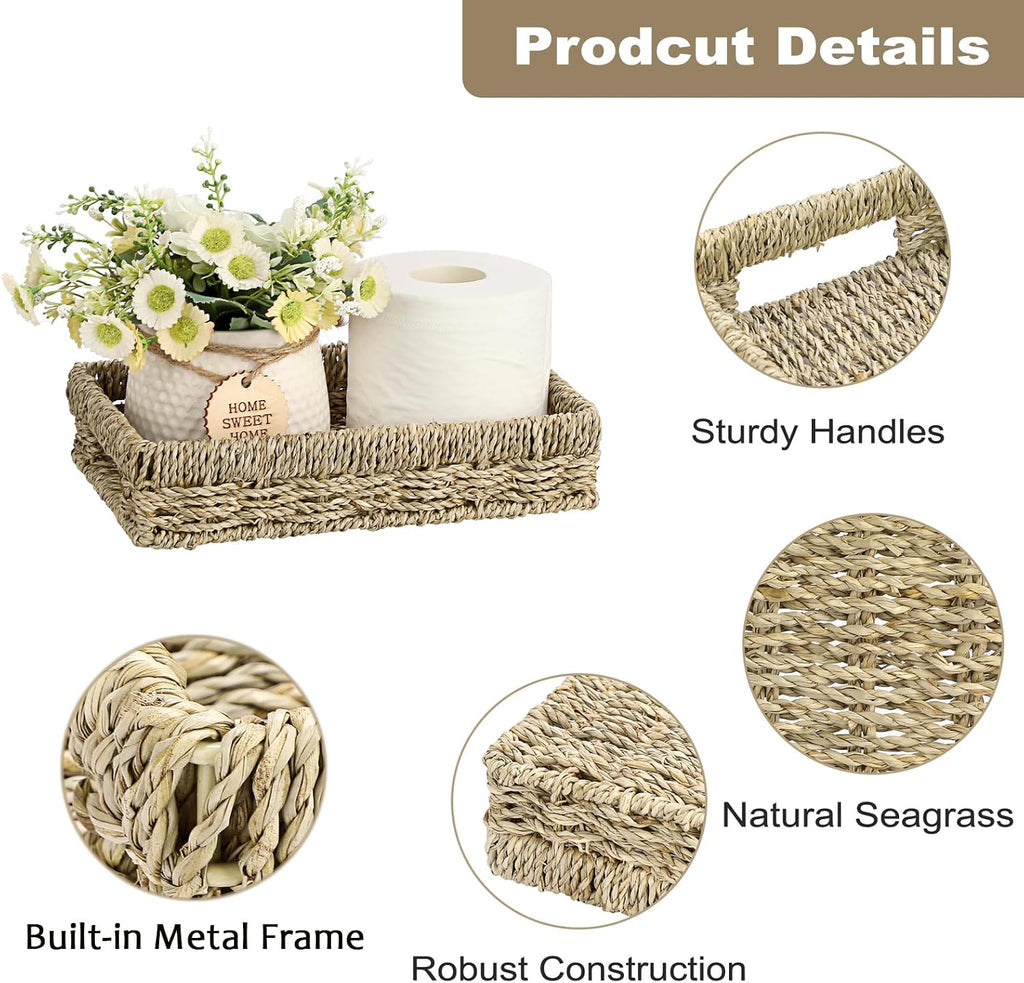 Bathroom Vanity Tray, Seagrass Narrow Counter Basket with Handles