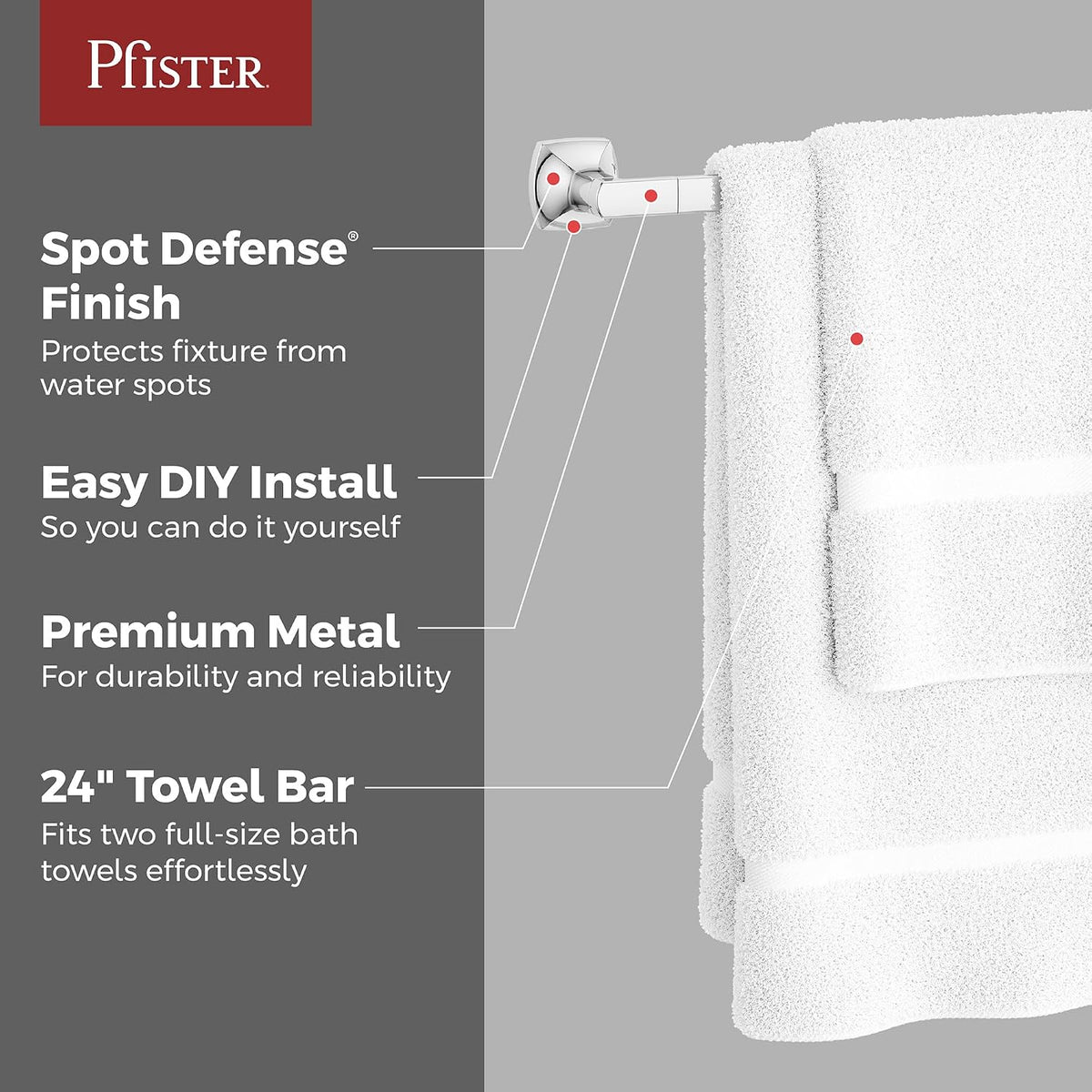 Pfister Vaneri Bath Towel Bar for Bathroom, 24-Inch, Wall-Mounted, Screw-in, Polished Chrome Finish, BTBVRI2C