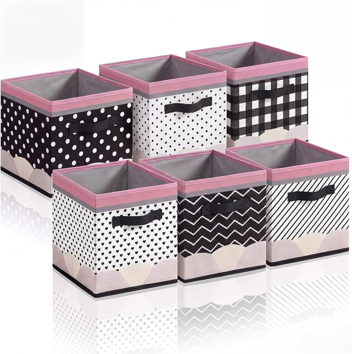 Thyle 6 Pcs 11in Pencil Fabric Bins for Classroom Black White Buffalo Plaid Storage Cube Collapsible Cubby Baskets with Handle for Back to School Kindergarten Daycare Bedroom Teacher Playroom Decor
