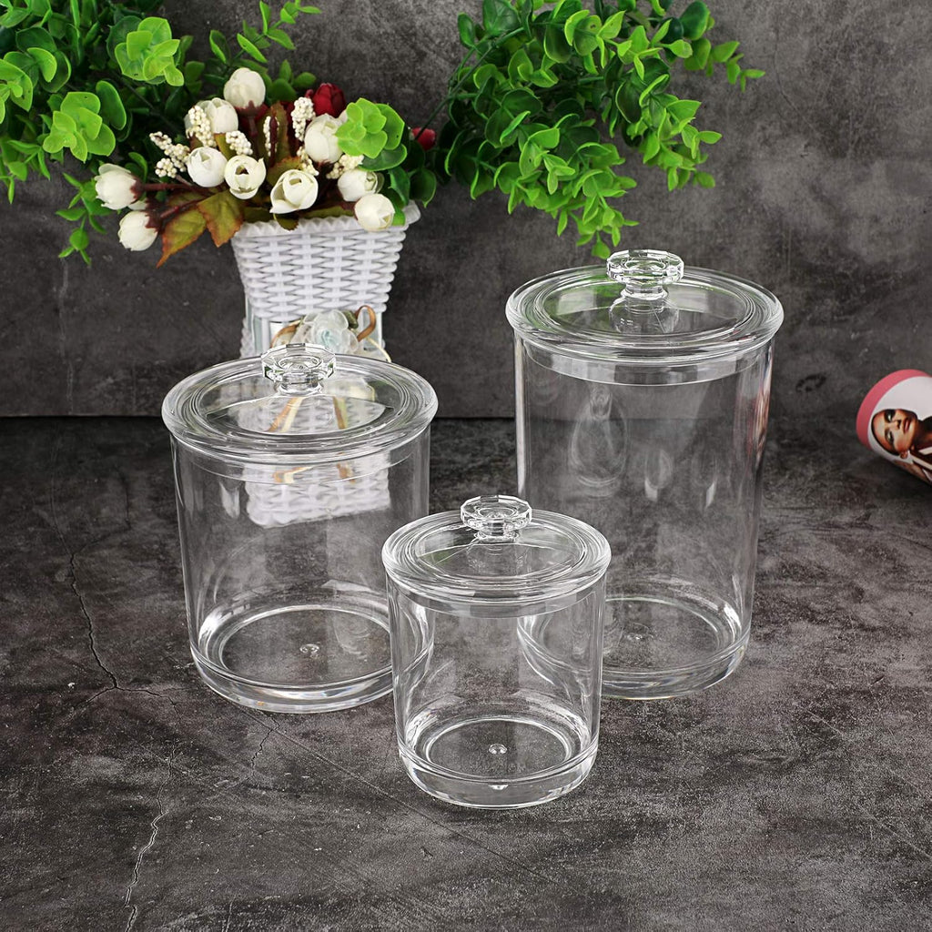 Hipiwe Clear Plastic Apothecary Jars with Lid, Large Size Bathroom Storage Canister Jar Cotton Ball and Swab Organizer Q-Tips Holder, 60-Ounce, 30-Ounce and 15-Ounce, Set of 3 (Pack of 2)