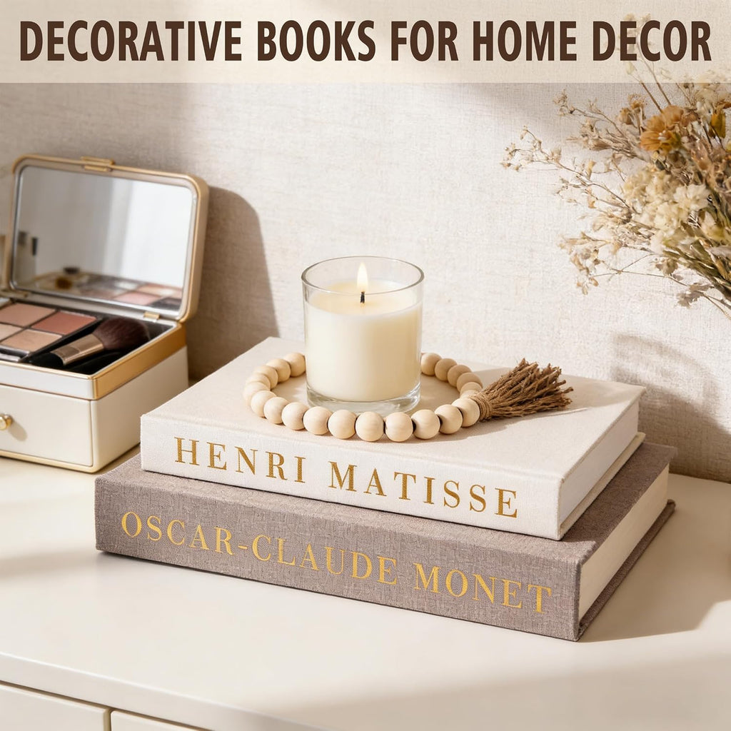 Decorative Books Set with Wood Bead Garland, Coffee Table Decor