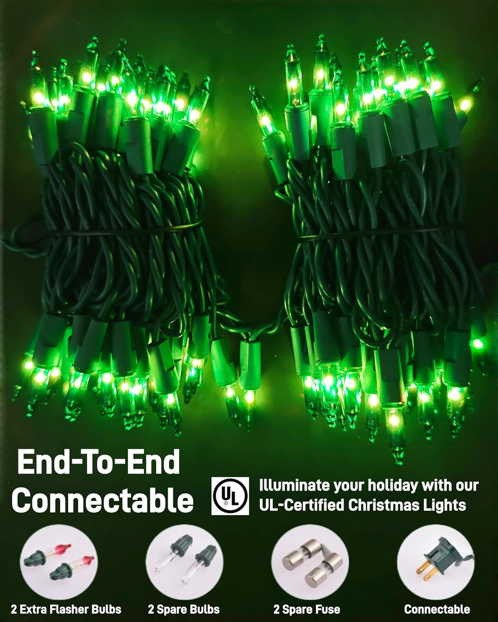 Christmas Lights 100 Count Incandescent String Light UL Certified Connectable 21feet Green Christmas Tree Lights for Indoor Outdoor Easter Wedding Halloween Christmas Decorations Green Wire