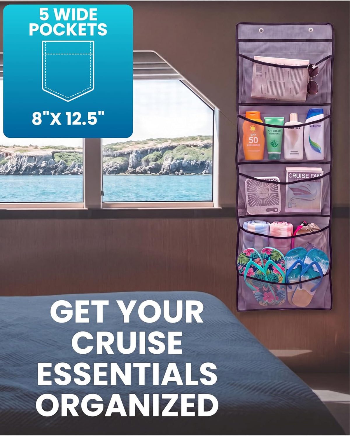 Magnetic Cruise Organizer 5 Pockets, 51" x 13" With Pocket Size 8" x 12,5" - Over The Door Organizer For Cruise Ships, Magnetic + Hook Mount, Large Durable Pockets for Cruise Essentials 2027