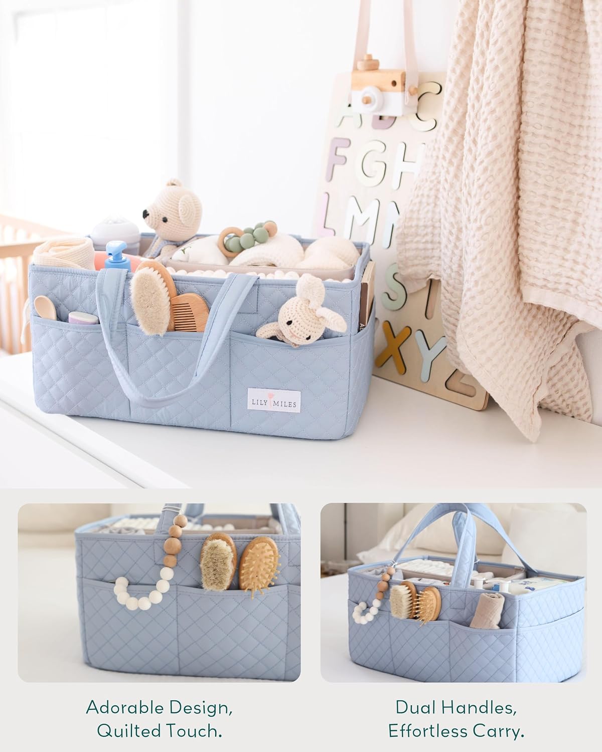 Lily Miles Baby Diaper Caddy Organizer, Quilted Nursery Storage Organizer for Newborn Essentials and Diaper Changing Station, Gift for Baby Shower and Registry Must-Have (Baby Breeze)