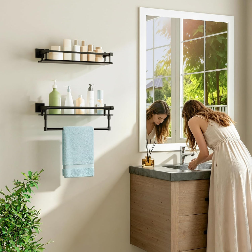 Alise Bathroom Shelf with Towel Bar,16 Inch Matte Black Glass Shelf