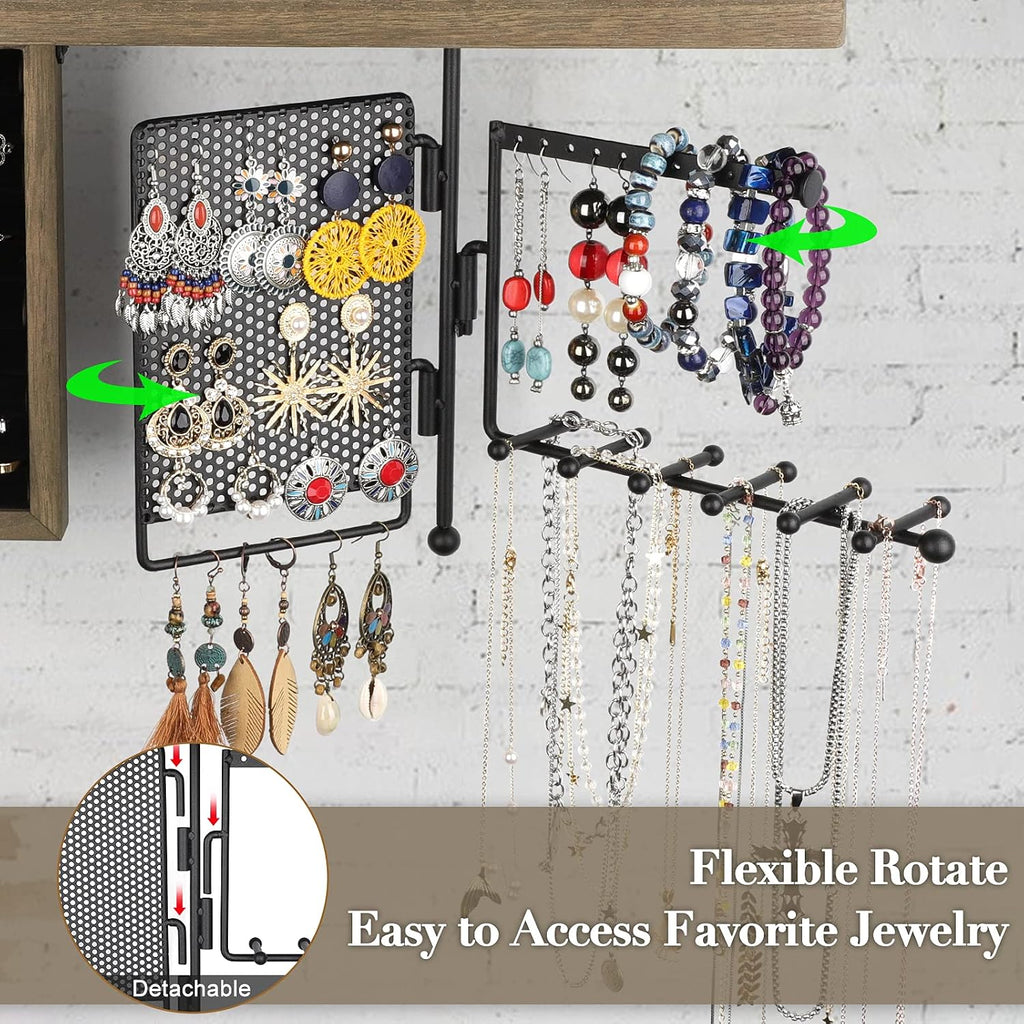 SOLIMINTR Hanging Jewelry Organizer Wall Mount Holder with Rustic Wood Shelf, Ring Display Box, Ear Studs Earring Holder, Rotating Necklace for Gothic Goth Accessories