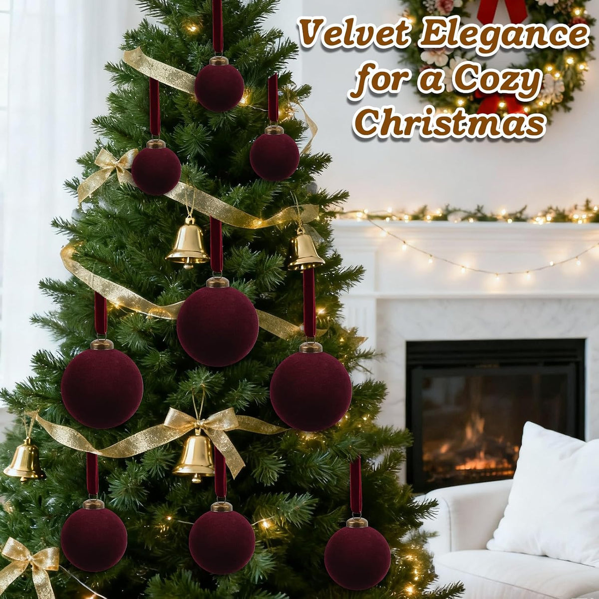 12Pcs Burgundy Velvet Ornaments, Flocked Christmas Ball Ornaments