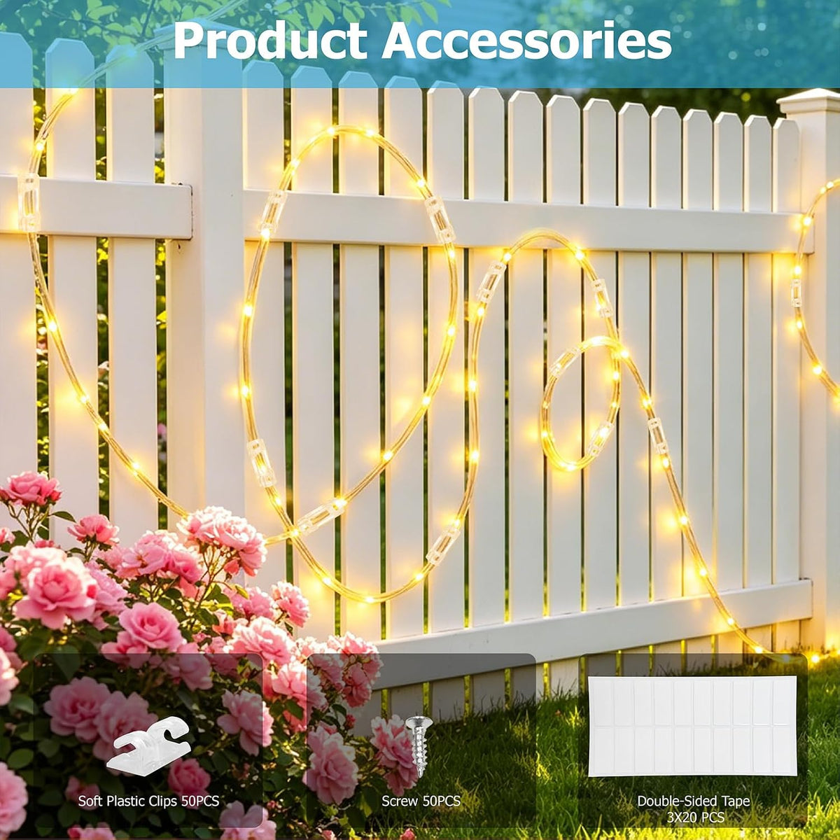 Uxon 50 Pack 1/5 Inch Clear Rope Light Clips with Stainless Steel Screws, Invisible Soft Plastic Mounting Kit with Adhesives Pads for Outdoor Christmas Lights, Cable Clamps for Wire Management