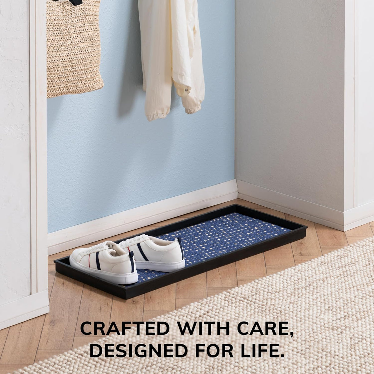 Anji Mountain Rubber Boot Tray with Coir, Fits 3 pair (34.5” wide), Blue & Ivory Insert