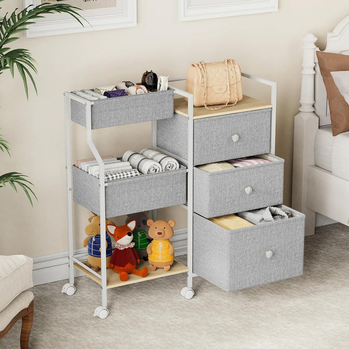 Modanais Baby Diaper Caddy Organizer Rolling Cart with Drawers, Light Gray