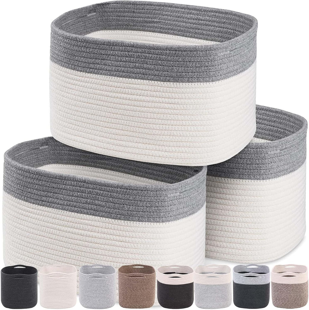 CHAT BLANC Cotton Rope Baskets for Organizing, Shelves, Toys, Storage, Shoe, Bathroom, Laundry, Towel, Nursery, Home Decor, Blanket, Cloth Woven Bins Fabric (Dark Gray & Creamy White7, 15"x10"x9")