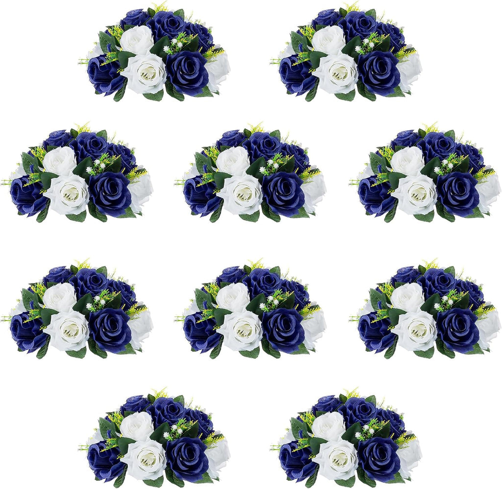 10Pcs Artificial Rose Balls for Centerpieces (Navy Blue & White)