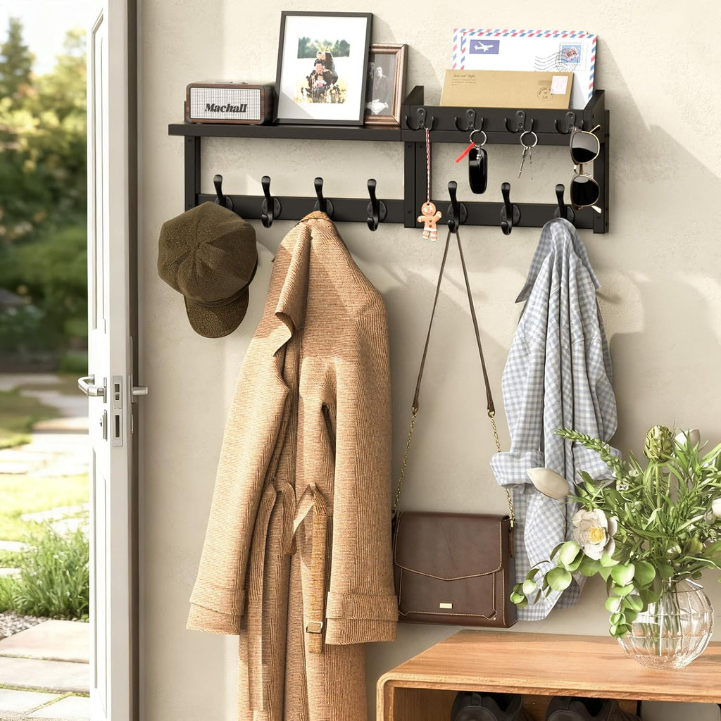 29'' Black Coat Rack Wall Mount with Shelf, Solid Wood Coat and Key Hanger with 11 Metal Hooks, Farmhouse Wall Organizer for Mail, Entryway Wall Hangers for Hats, Clothes, Backpacks, Mudroom