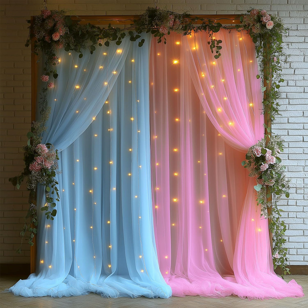 Pink and Blue Tulle Backdrop Curtains with Lights String – 2 Panels 5x8ft Sheer Backdrop for Gender Reveal, Baby Shower, Boy or Girl Birthday Party, Photo Shoot, Party Decorations