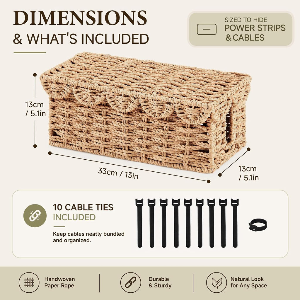 Woven Cable Management Box with Scalloped Lid, 13 Inch Cord Box