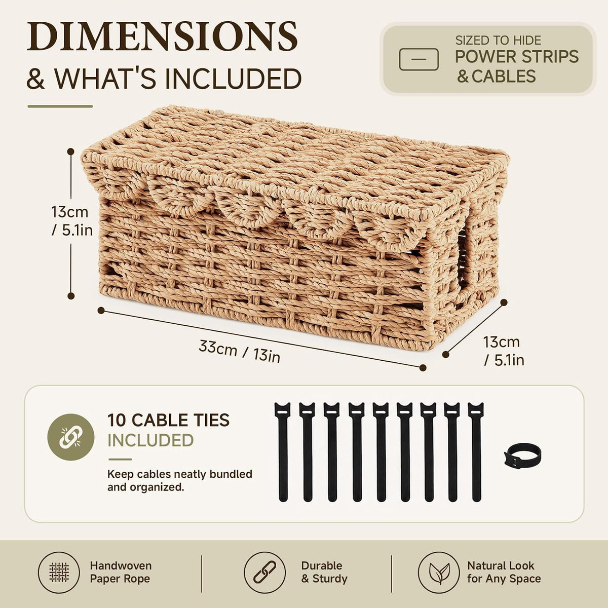 Woven Cable Management Box with Scalloped Lid, 13 Inch Cord Box