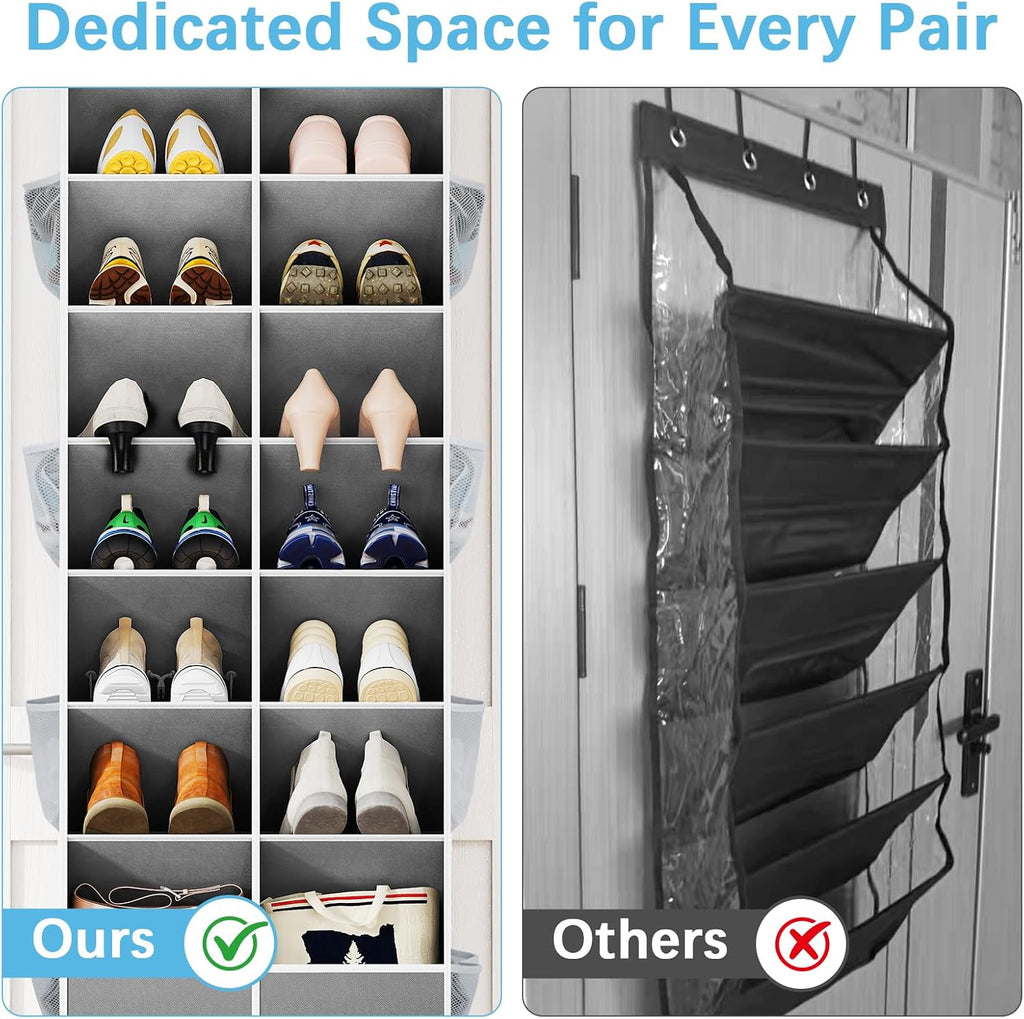 Yecaye 16-24 Pairs Over the Door Shoe Organizer, Large Capacity Hanging Shoe Rack for Door Hanger with Deep Pockets, 8 Tier Shoe Holder for Sneakers Boots Heels College Dorm Essentials, Grey