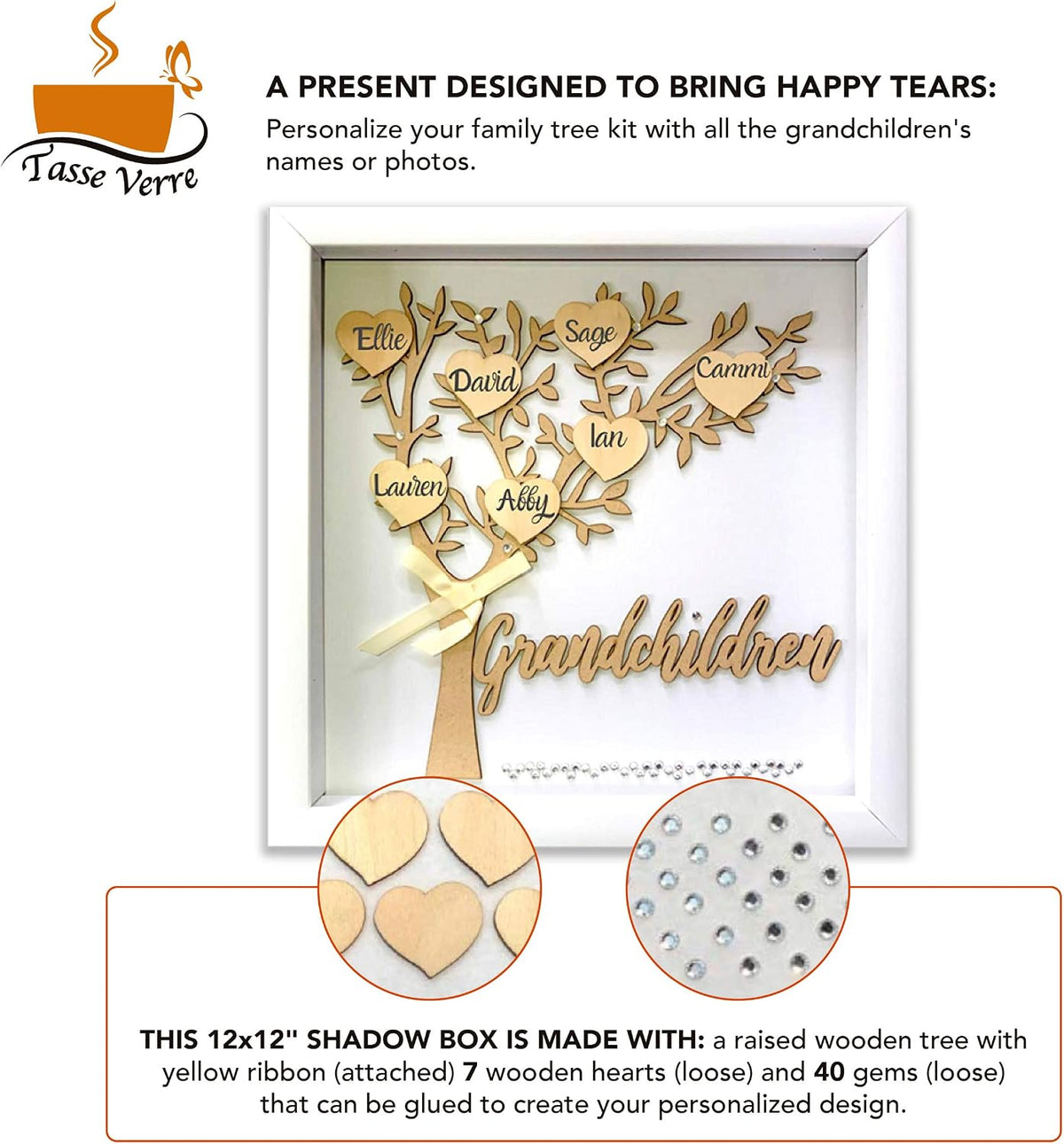 Tasse Verre 12x12 Grandchildren Shadow Box Kit - Family Tree Gift for Grandparents Grandma Grandpa with 7 Hearts and 40 Gems. Gift for Grandparents Grandchild Grandkid Nana Mimi Mothers Day