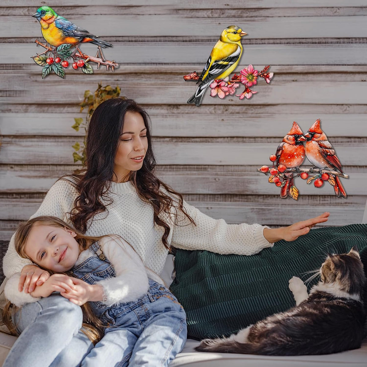 YOADEHOA 3Pcs Metal Wall Art Decor Birds on Branch, 3D Colorful Bird Outdoor Hanging Wall Art Patio Fence Decorations, Hummingbird Wall Sculptures for Indoor Outdoor Garden(Birds A)