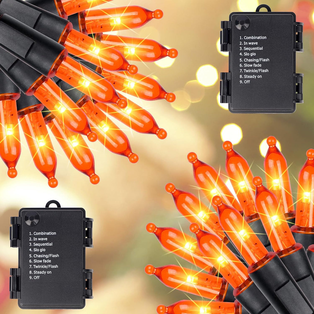 Blissun Halloween Lights, 50-Count Black Wire Light Set, Battery Operated Halloween Mini String Light with 8 Modes, 16 ft Fairy Lights for Halloween Tree Garden Wreath Decorations (2 Pack, Orange)