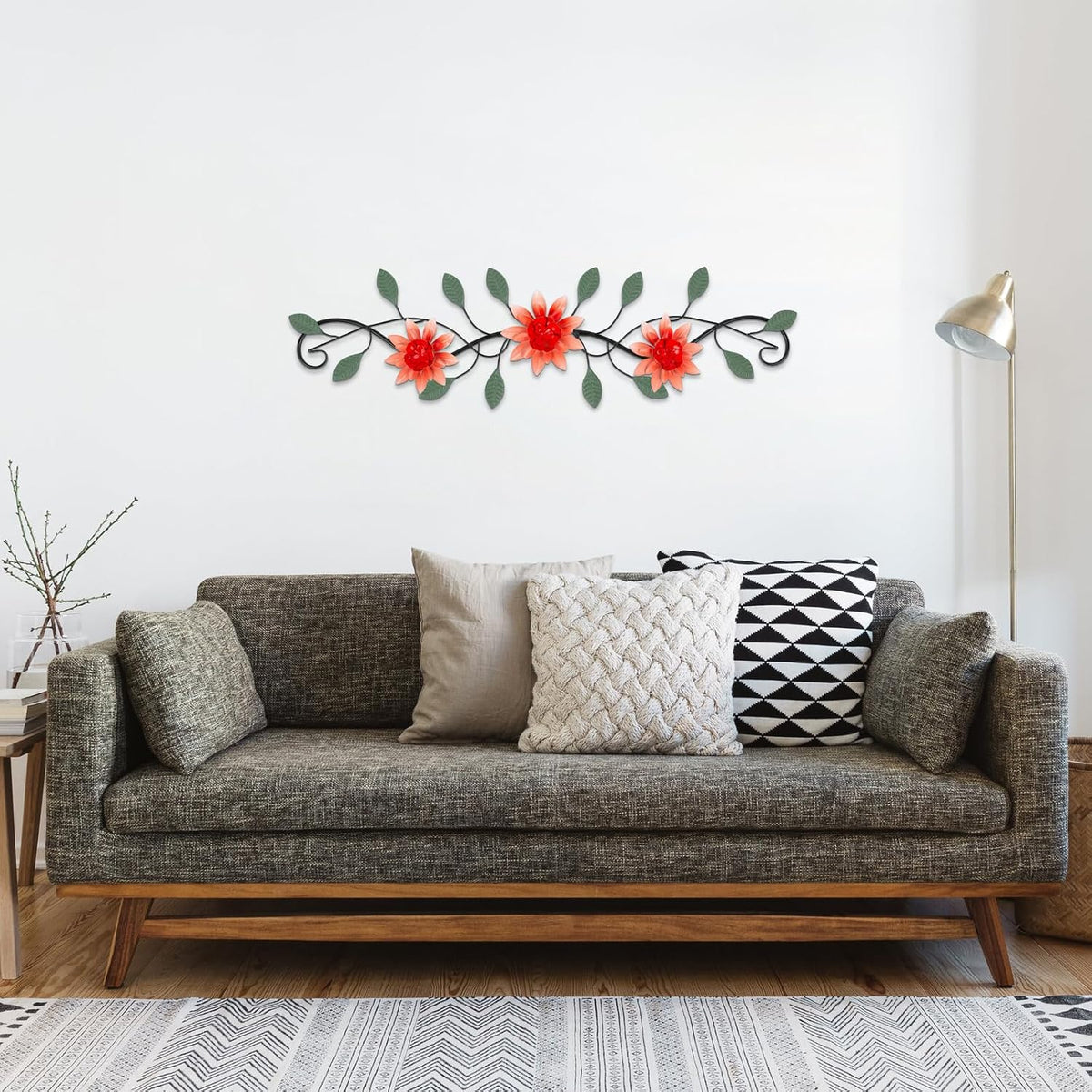 KHJCXS Metal Wall Art Modern Minimalist Metal Flowers Indoor Decor Horizontal Wall Art Iron Artwork,for Over Door,Bedroom,Living Room,Kitchen,Office Scroll Decor(Red)