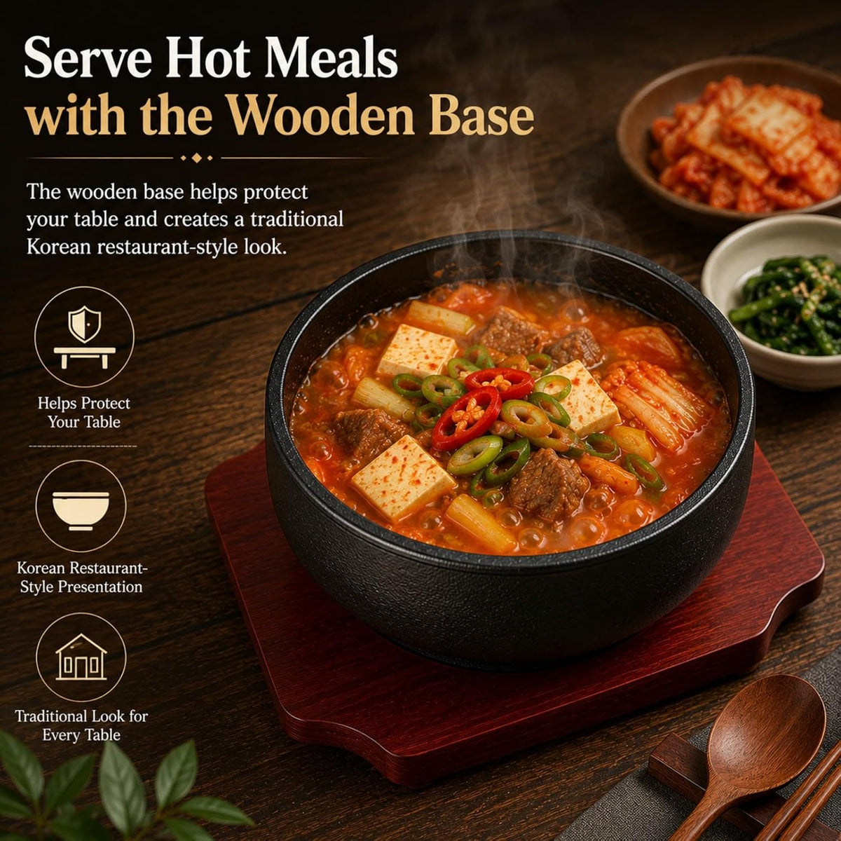 XICHENGSHIDAI Cast Iron Dolsot Bibimbap Bowl, 31 Oz, Wooden Base