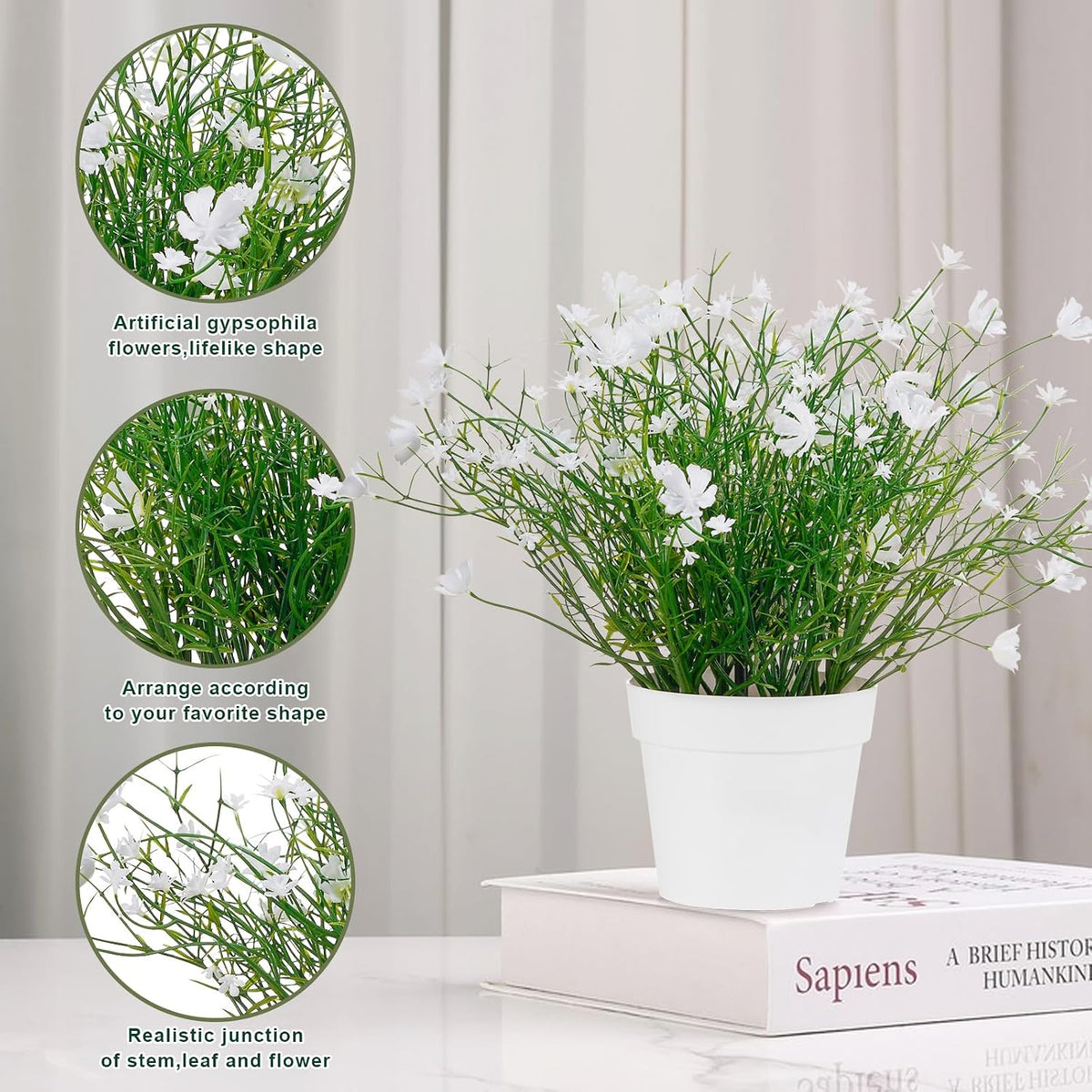 Artificial Babys Breath Potted Fake Plants with Flowers Faux Plants Indoor for Home Office Bookshelf Table Room Decor (White)