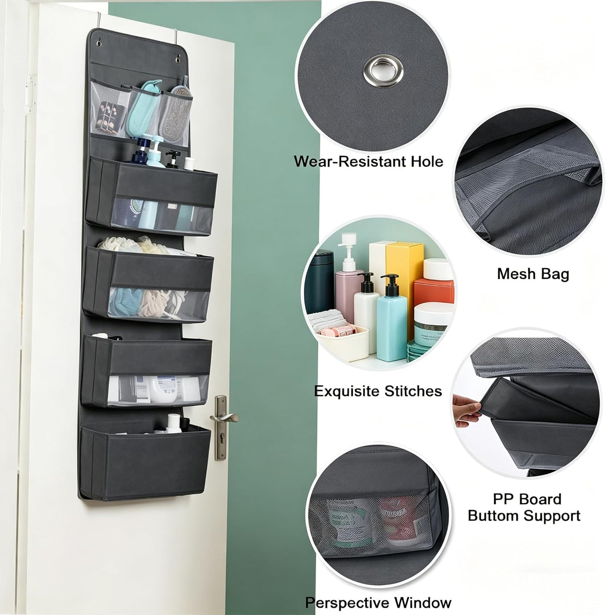 Jay-Chi Over Door Hanging Organizer Storage - 7 Large Pockets Closet Bathroom Organizer Perspective Window Wall Mount Rack for Clothes Sundries(Grey)