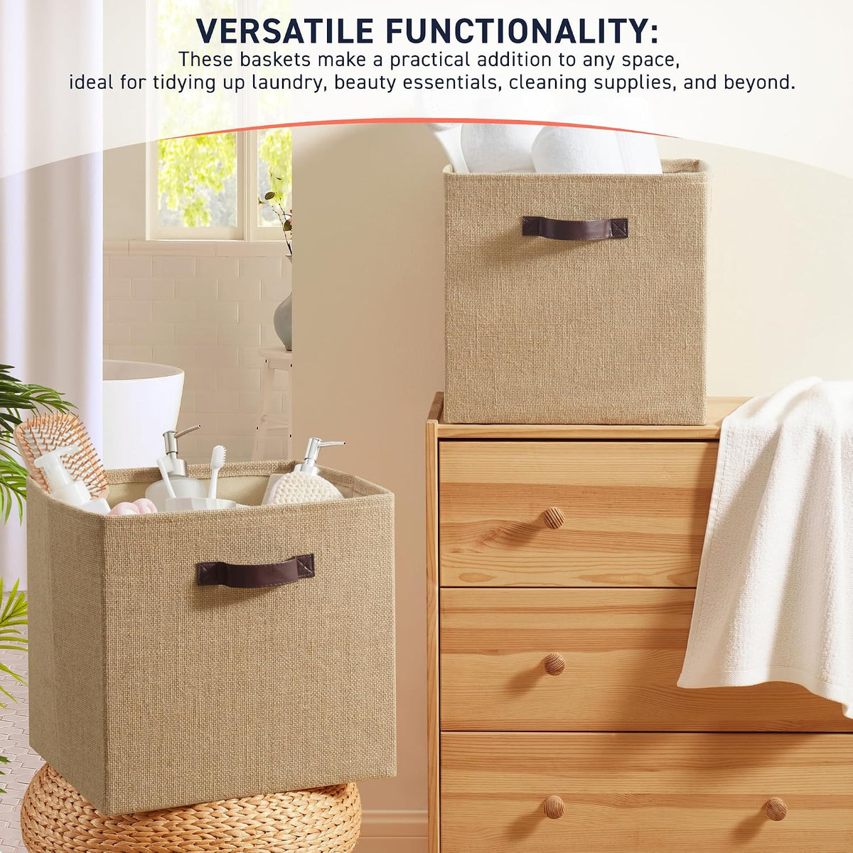 Ornavo Home 13x15x13 Jute Storage Cube Bins, 6 Pack, Leather Handles