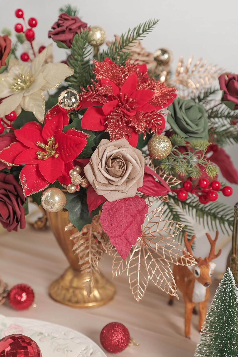 rongflower Christmas Flowers Artificial,Red Poinsettias Artificial Christmas Flowers and Greenery Deluxe Combo Set for DIY Tree Ornaments Xmas Wreath Floral Arrangements Centerpieces