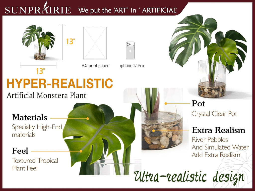 SUNPRAIRIE Realistic Artificial Plant in Clear Pot with Artificial Water, Broad Monstera Leaves. Faux Plants Indoor and Outdoor.