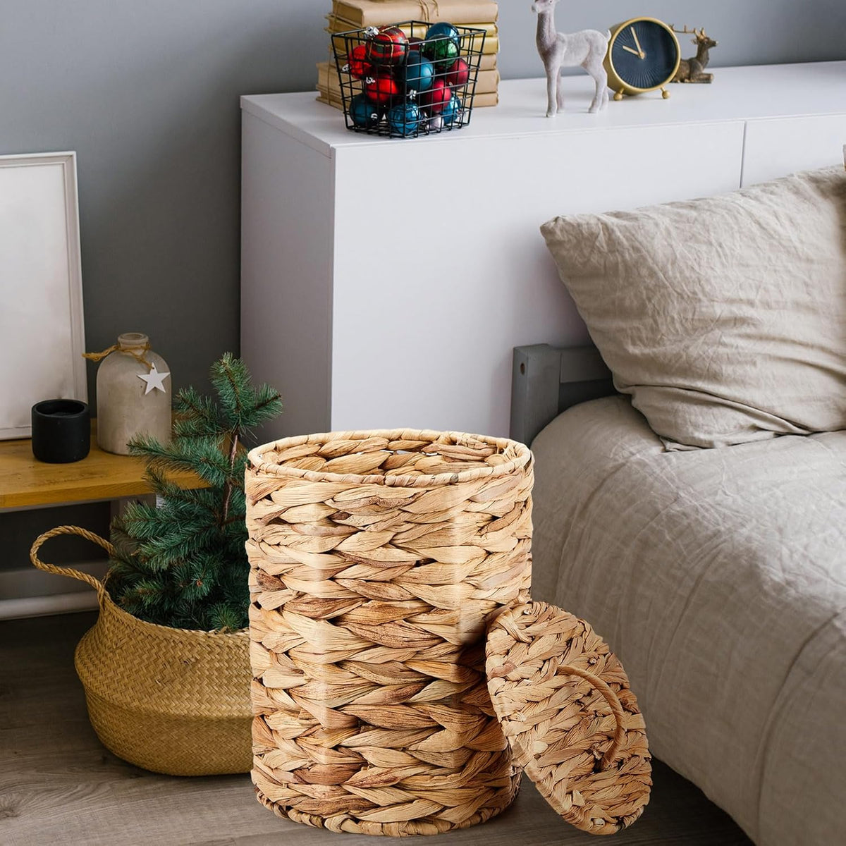 Ctosree 3.8 Gal Large Trash Can with Lid Boho Woven Wicker Waste, Natural