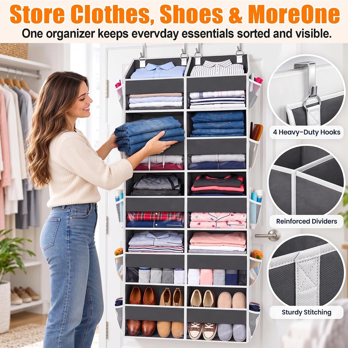 UVIAHOMI Heavy Duty Over Door Organizer 5 Tiers, 10 Front & 10 Mesh Pockets