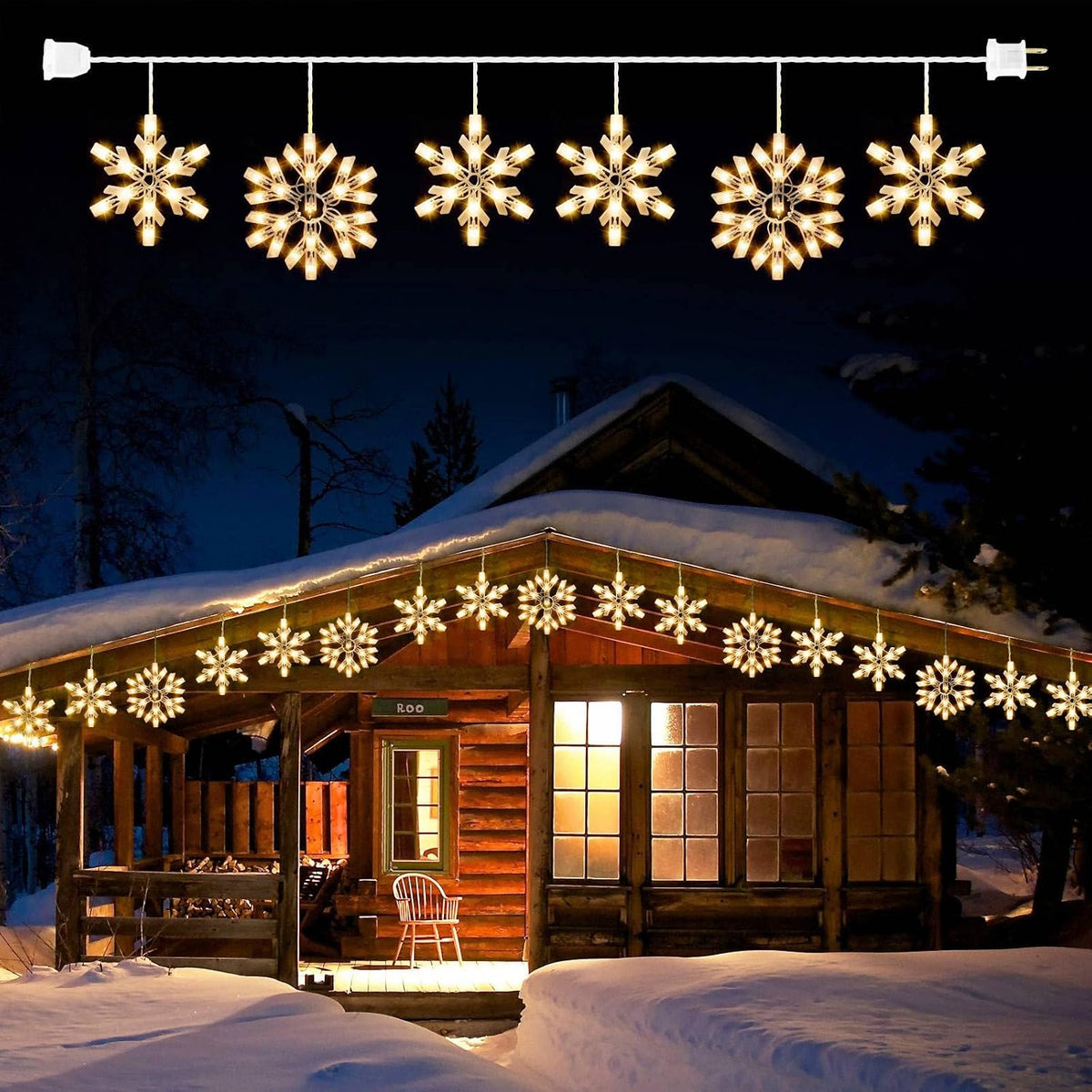 Christmas Snowflake Icicle String Lights with 6 Drops - 9ft Snowflake Window Lights with 100 Mini Bulbs, Plug-in Connectable Curtain Hanging Lights for Christmas Home Indoor Outdoor Holiday Decor