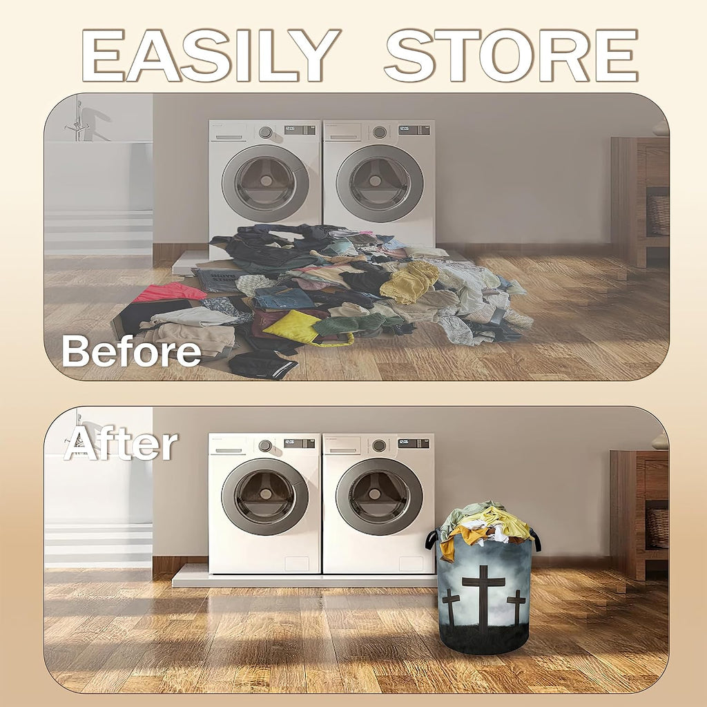 Three Wood Crosses Laundry Hamper,Easter Collapsible Laundry Baskets,Waterproof Oxford Cloth Laundry Room Organization for Bedroom,Bathroom,Nursery,16x20 Inch