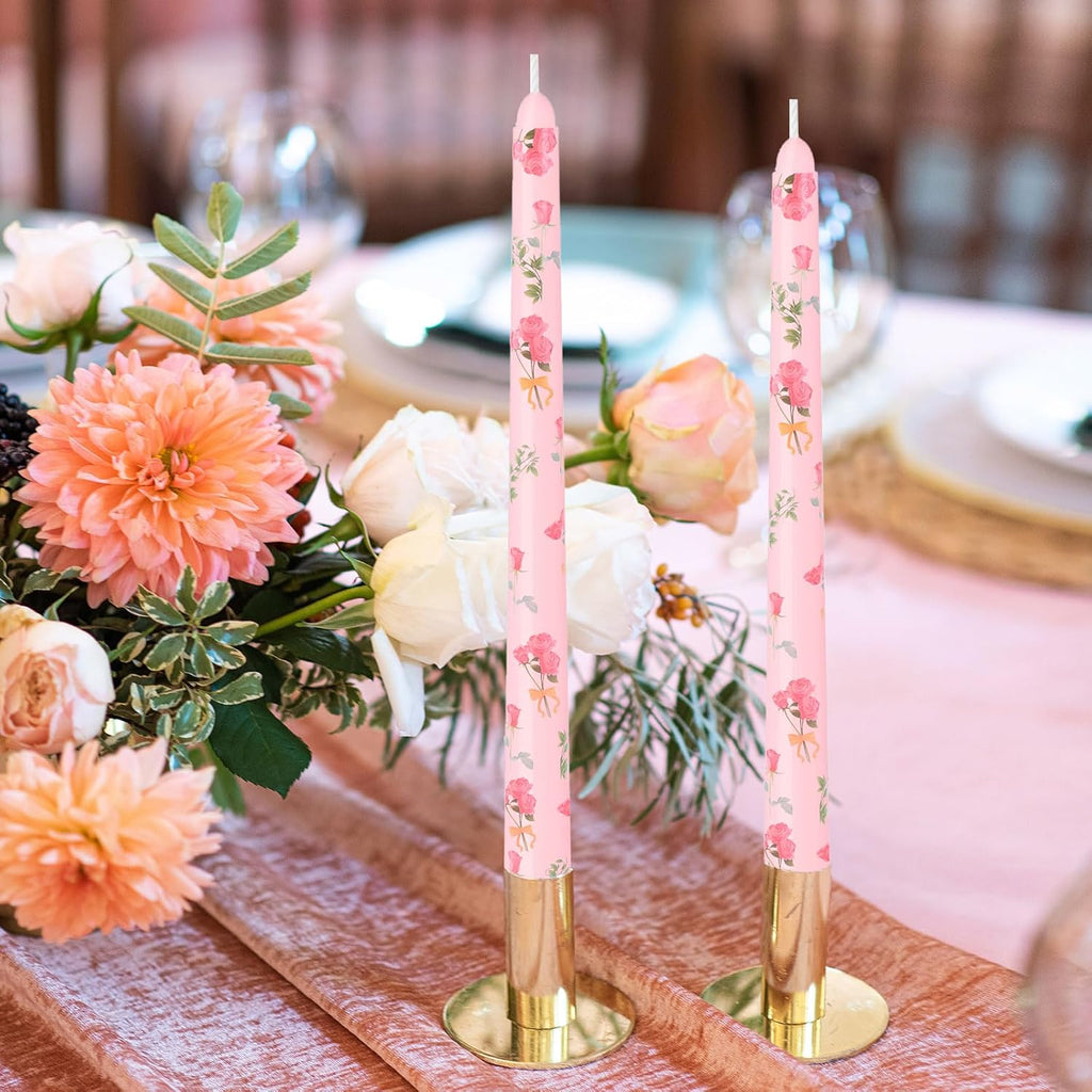 10 Inch Pink Printed Taper Candles for Mother's Day Unscented and Smokeless Tall Candlesticks, Long Burning, Ideal for Wedding Advent Parties