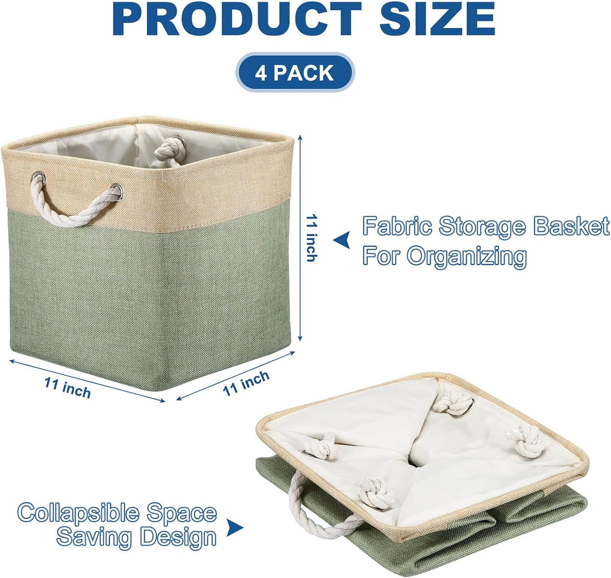 PATIKIL Fabric Storage Cube, 4 Pack 11 Inch Storage Bins Closet Organizers for Shelves with Handles Decorative Collapsible Baskets for Home Organization, Beige/Green