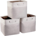 3 Pack 13x13x13 Storage Cube Bins with Handles, Beige Fabric Storage Baskets Heavy Duty Foldable - Cloth Organizer Bins for Closet, Shelf, Office (13 Inch Cube Storage Bins)