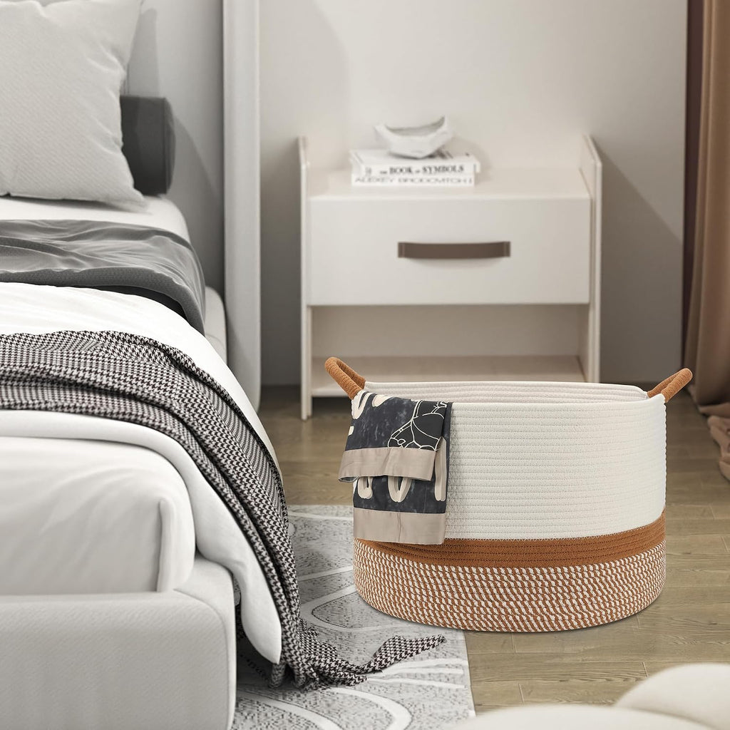Large Blanket Basket (20"x13"),Woven for Storage Dirty Clothes Basket for Laundry, Living Room, Nursery, Bedroom Rope Storage Basket for Blankets(White/Brown)