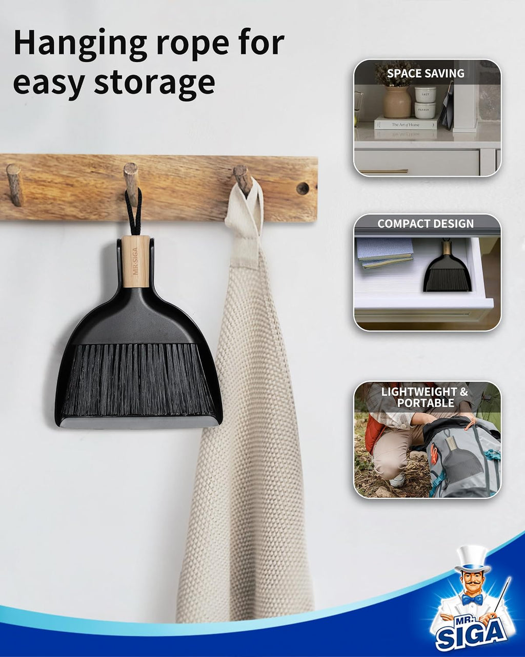 MR.SIGA Mini Dustpan and Brush Set, Bamboo Handle, Black, 1 Set