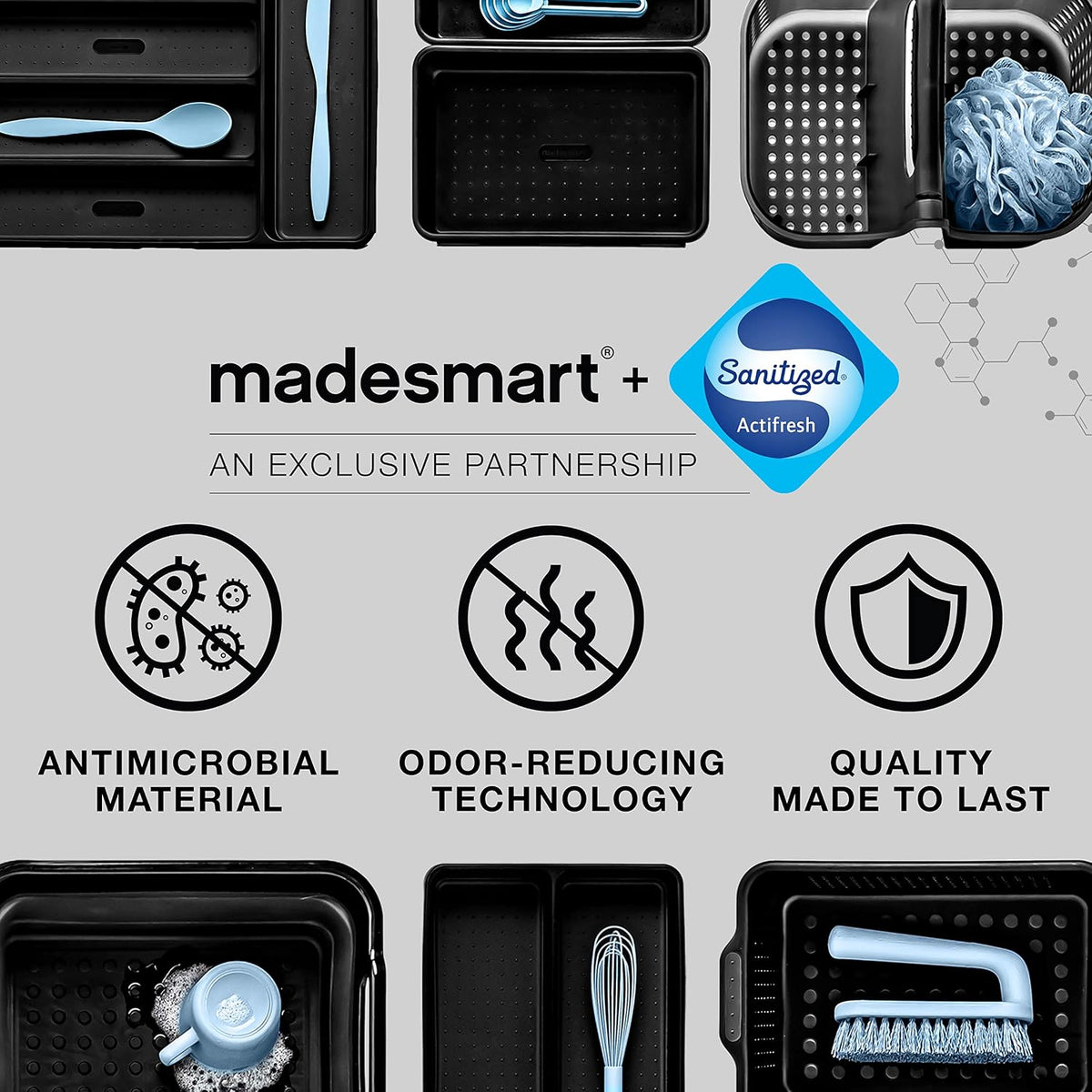 madesmart Shower Tote with Soft Grip Handle, Carbon