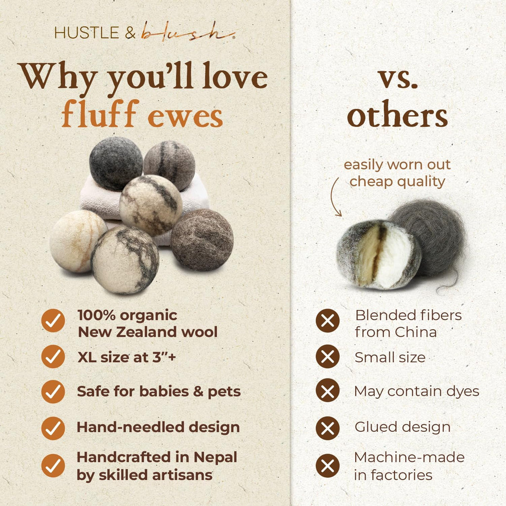 Fluff Ewes Wool Dryer Balls 6 Pack, Marble, XL