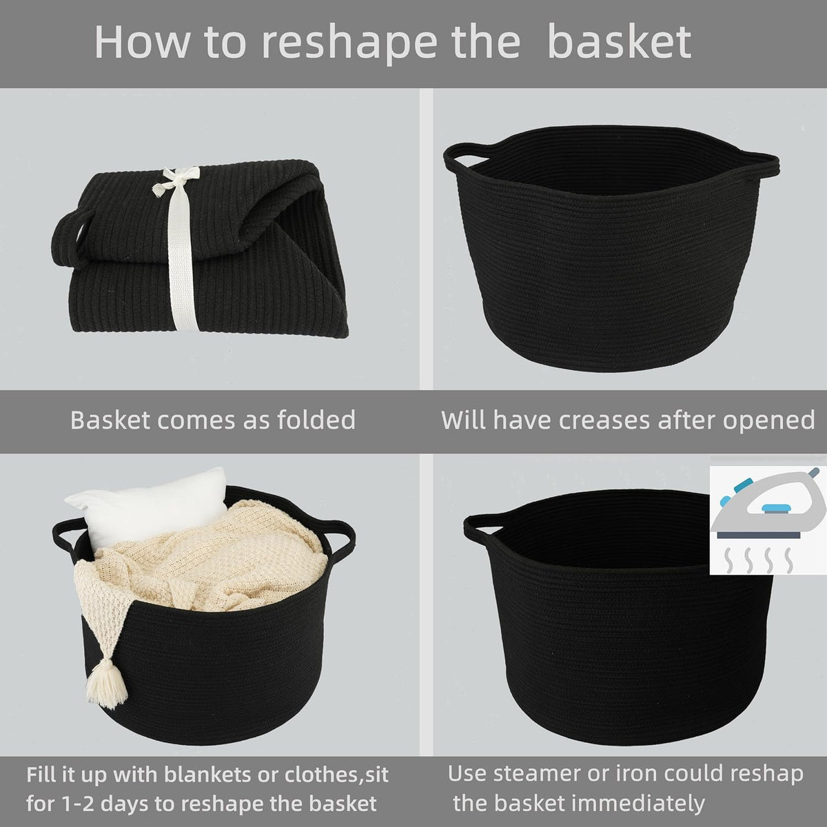 XUANGUO Extra Large Cotton Rope Round Storage Basket 22" x 14" Black
