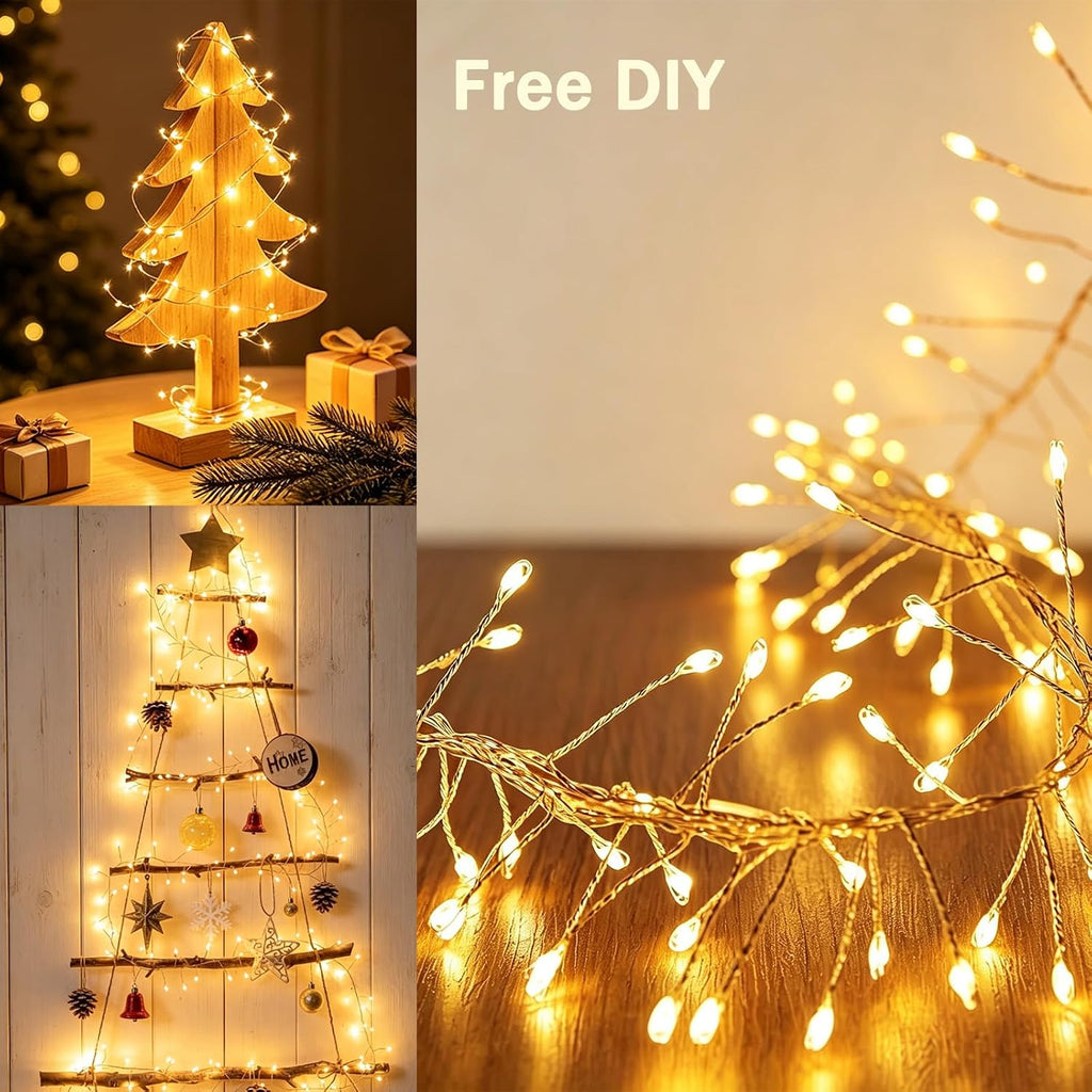 Fairy Lights Battery Operated with Timer Function, 10FT 200 LEDs Firecracker String Lights, Warm White Waterproof Gold Wire Cluster Lights for Bedroom, Wedding, Christmas, Party, Home Decor