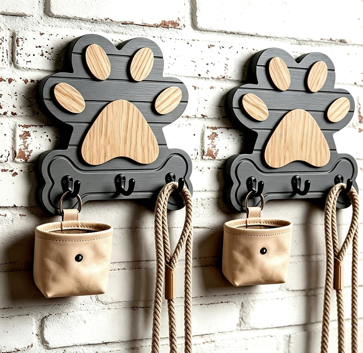 2pcs Dog Leash Holder for Wall, Dog Leash Holder, Dog Leash Hooks for Wall,Dog Leash Hanger,Dog Paw Key Holder,Wall Mounted Dog Leash and Key Holder,Rustic Pine Wood Decor for Home Entryway（Grey）