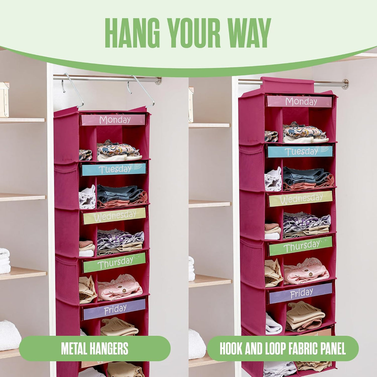 Kids Clothes Organizer, Weekly Clothes Organizer for Kids, Pink, 6 Shelf