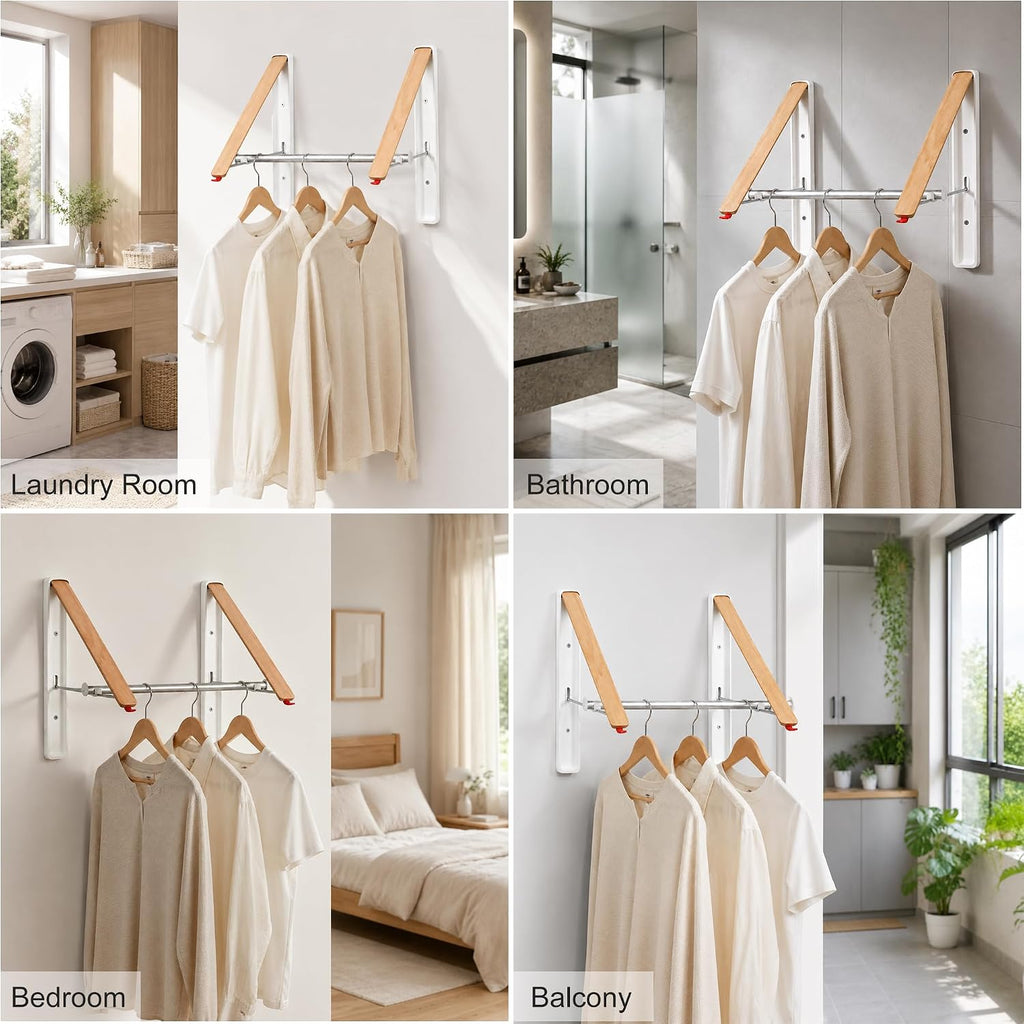 RFOUO Foldable Wall Mounted Clothes Drying Rack, 2 Picks with Rod