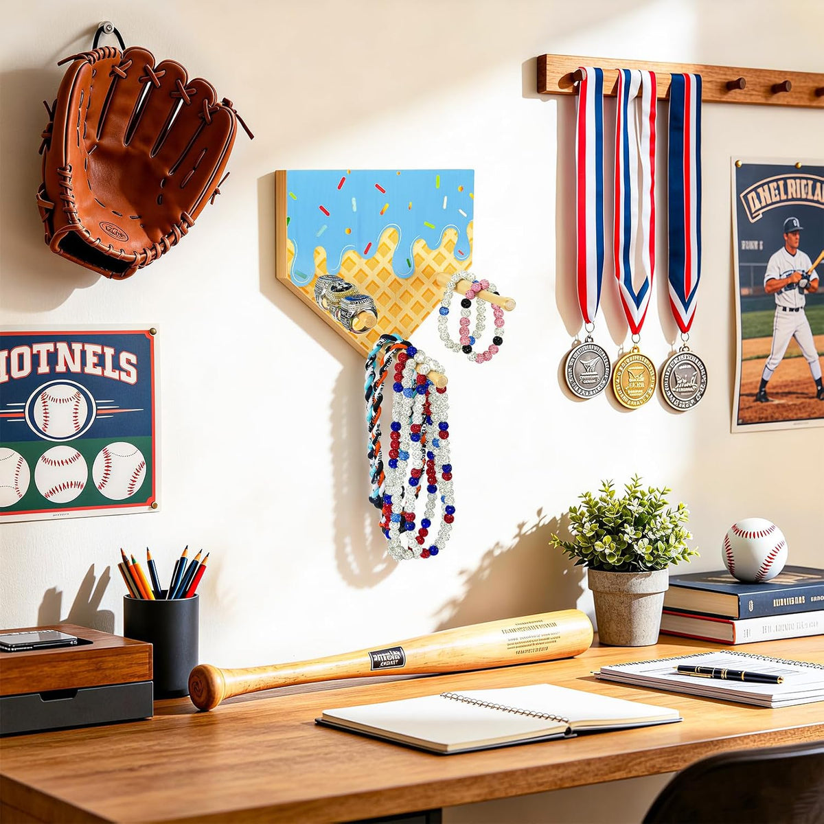 Ice Cream Drip Baseball Wooden Necklace Organizer Holder,Sports Ring Holder