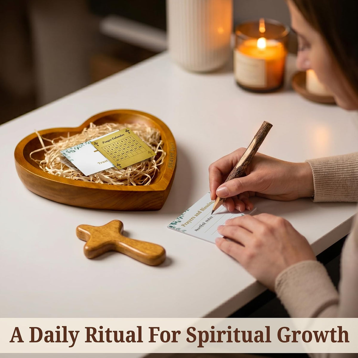 Prayer Bowls for Women Trust In God - Wooden Heart Prayer Bowl with 30 Cards & Wooden Fidget Cross - Birthday Gifts for Christian Women, Godmothers, Mom, Brown Heart Decorative Bowl with Storage Bag