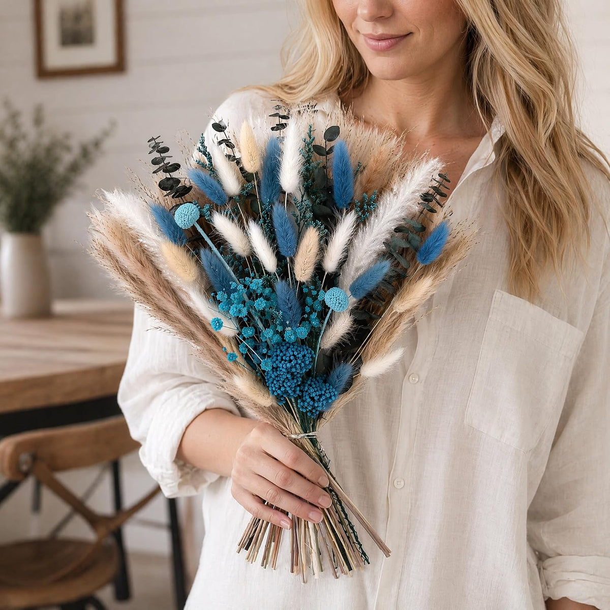 Umero Blue Pampas Grass Bouquet - 17in Dried Flower for Vase Boho Decor
